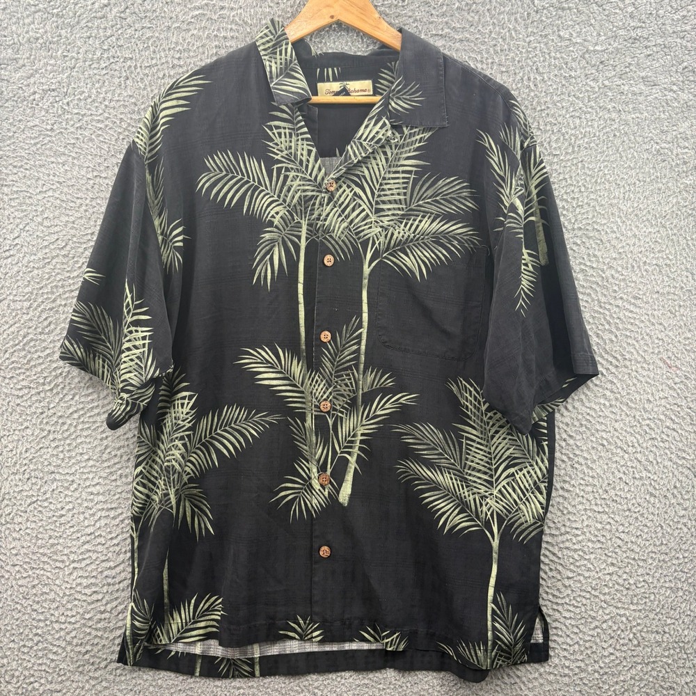 Tommy Bahama Shirt Mens M Black Silk Palm Tree Tropical Short Sleeve Button Up